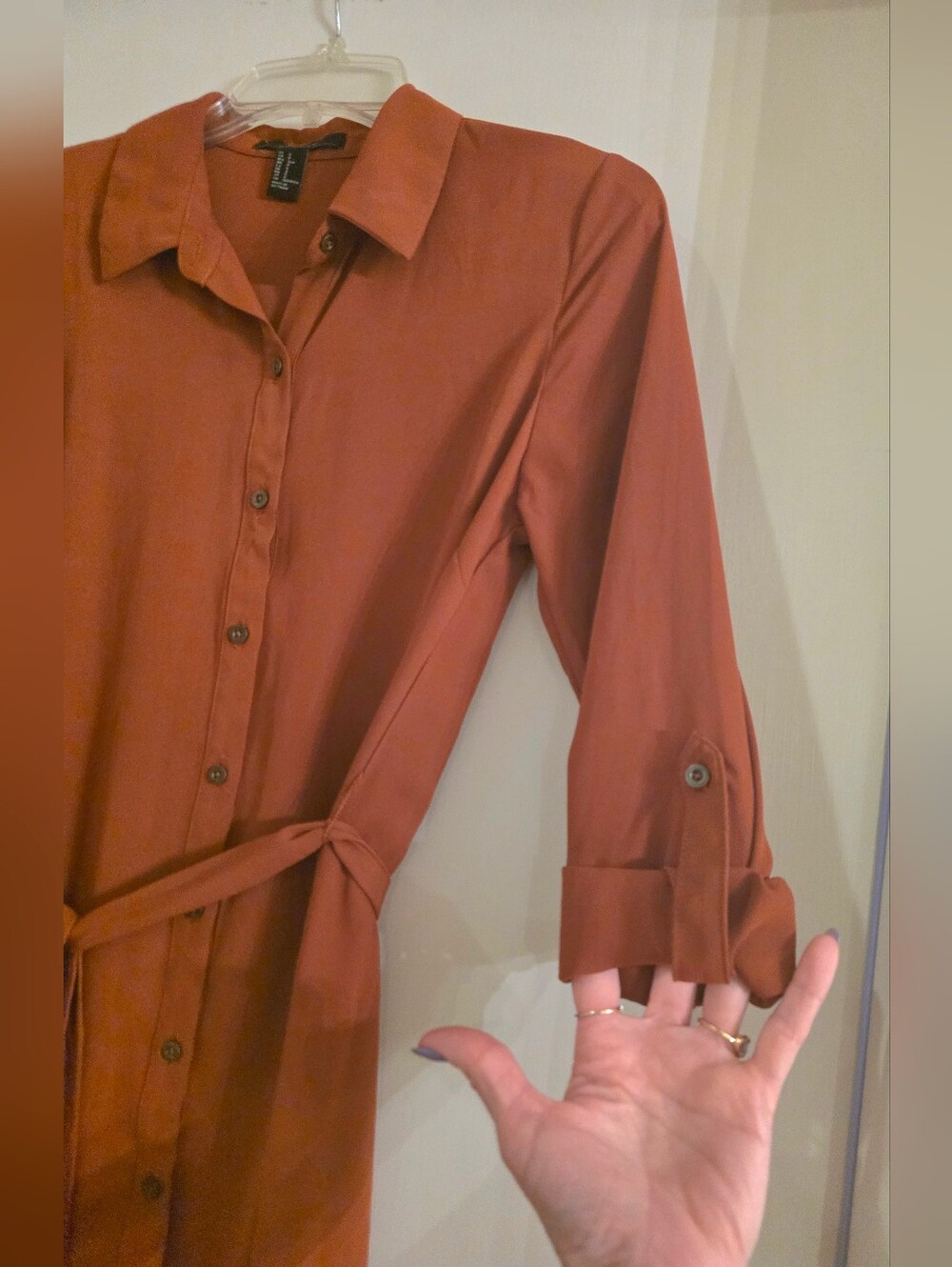 Rust Button-Front Shirt Dress with Tie Waist - Picture 3 of 6